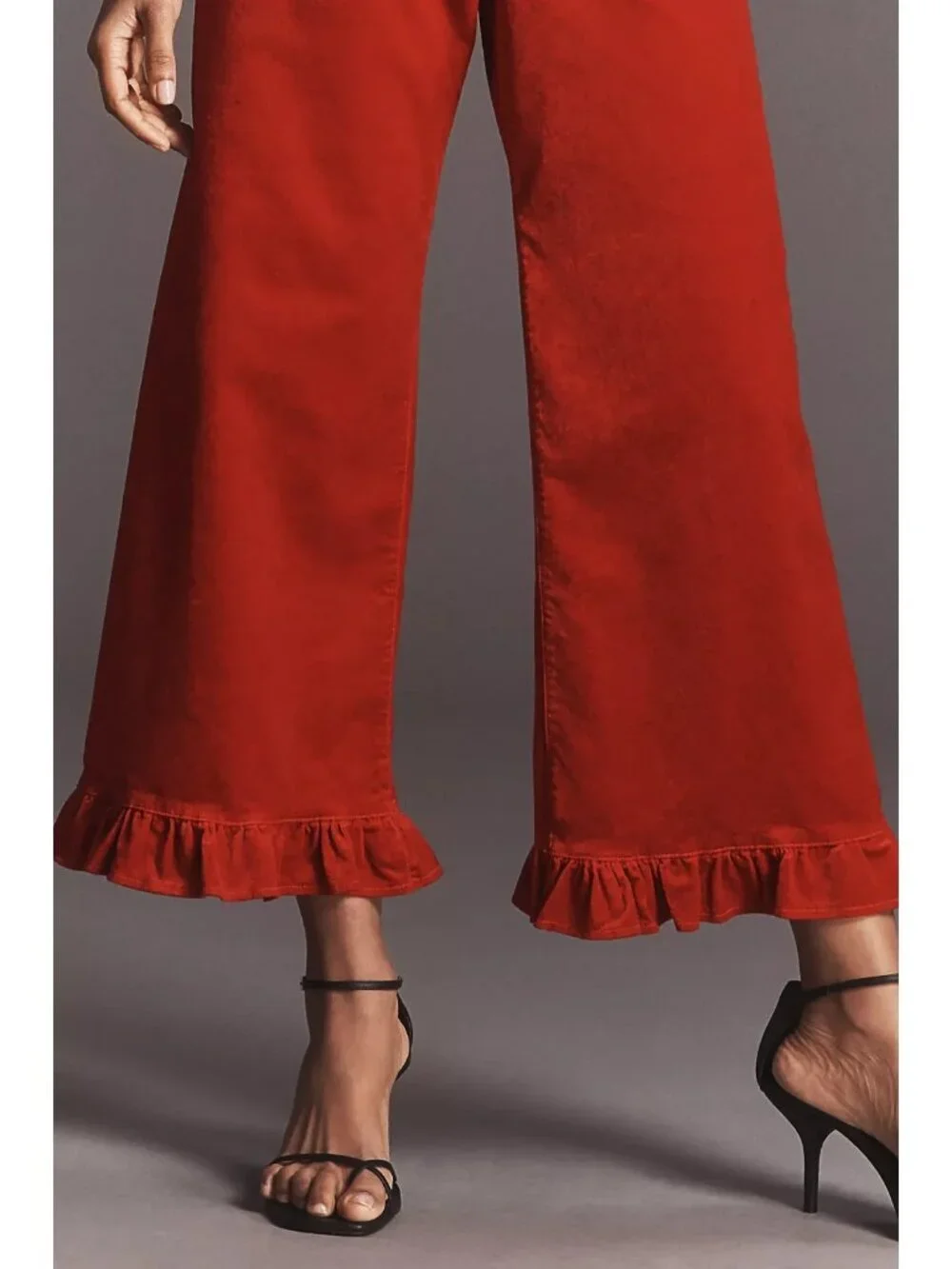 The Colette Crop Velvet Ruffle-Hem Pants by Maeve Red 32